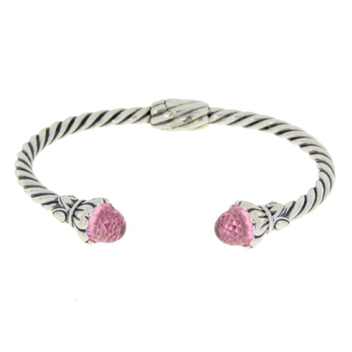 John Hardy Style Round Simulated Pink Quartz Bangle in Braided Italian Sterling Silver