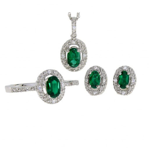 White Sapphire & Simulated Emerald Set of Earrings; Ring & Pendant in White Gold Plated Sterling Silver 1.75 TW!