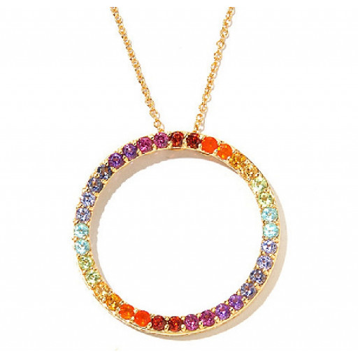 Rainbow Gemstone Circle of Love Pendant With Chain in Yellow Gold Plated Italian Sterling Silver 2.75 TW Available in White As Well!