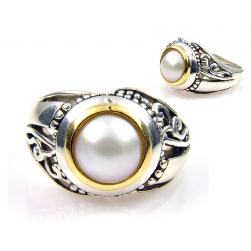 David Yurman Style Freshwater Cultured Pearl Ring in Italian Sterling Silver & 18K Yellow Gold Accents