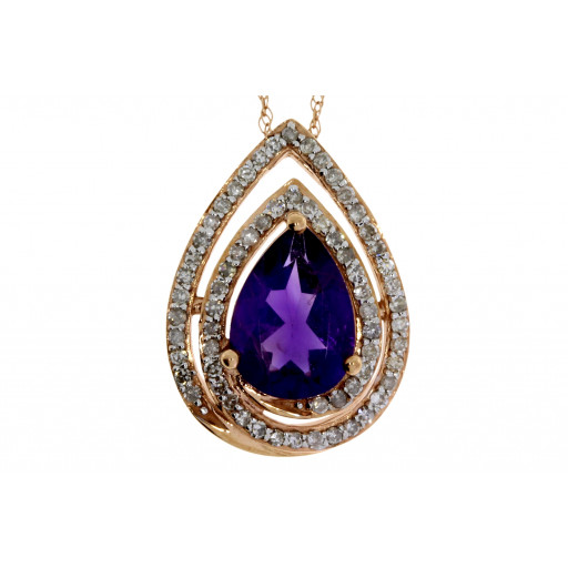 Tiffany Style Amethyst & Diamond Halo Pendant With Chain in 10K Rose Gold 3.25 TW!