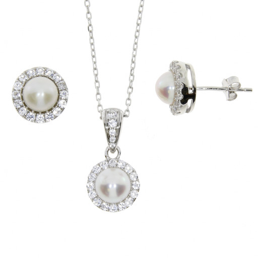 Princess Diana Style Freshwater Cultured Pearl & Simulated White Saphire Set of Stud earrings & Pendant With Chain in White Gold Plated Sterling Silver