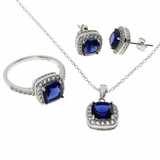 Set of White Sapphire & Simulated Blue Sapphire Stud Earrings; Ring; Pendant With Chain in White Gold Plated Sterling Silver 4.50 TW!