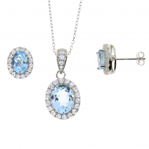 Princess Diana Style Aquamarine & Simulated White Sapphire Set of Stud Earrings & Pendant With Chain in White Gold Plated Sterling Silver 5.50 TW!