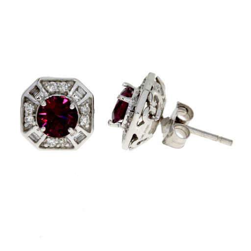Cartier Style Round Brilliant Cut Rose Garnet With Baguette & Round Diamond Halo Stud Earrings in 14K White Gold 1.75 TW