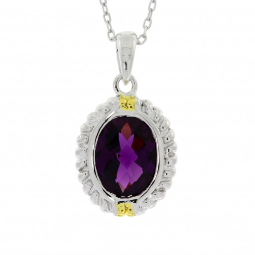 Tiffany Style Oval Checkerboard Amethyst Pendant in Two Tone Sterling Silver 2.75 TW!