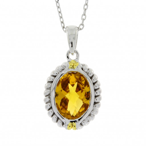Tiffany Style Oval Checkerboard Citrine Pendant in Two Tone Sterling Silver 2.75 TW!