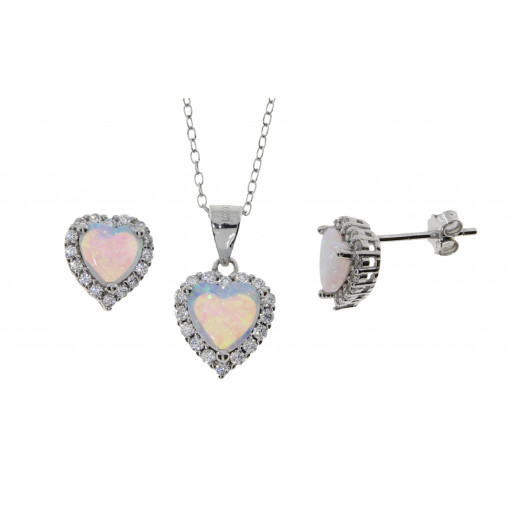 Tiffany Style Heart Shape Simulated Australian Opal Halo Pendant With Chain & Matching Earrings in Italian Sterling Silver
