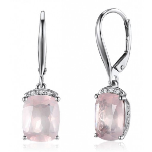 Pink Rose Quartz & Diamond Drop Earrings in 14K White Gold 3.50 TW