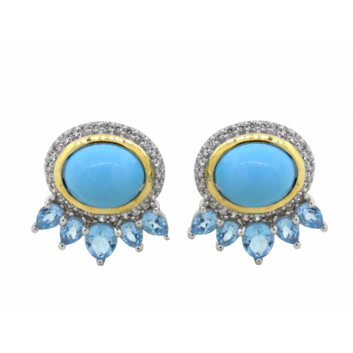 Tiffany Style Turquoise & Blue Topaz Earrings in 14K Yellow Gold & Italian Sterling Silver