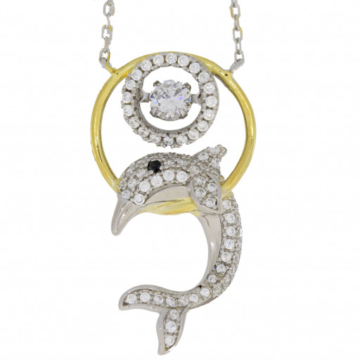 Chopard Style Dancing Dolphin Swarovski Cubic Zirconia Circle of Love Pendant With Chain in Yellow Gold and Italian Sterling Silver