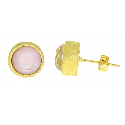 Round Mother of Pearl Bezel Set Earrings in Yellow Gold Plated Sterling Silver