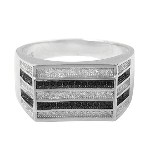 Prada Style Multi Row Gents Ring in Black & White Swarovski Cubic Zirconia