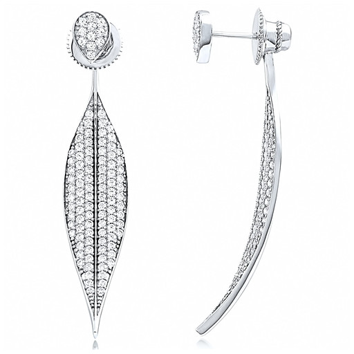 Cartier Style Micro Pave Concave Leaf Pattern Drop Earrings in Italian Sterling Silver