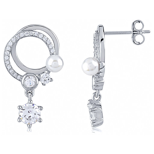 Mikomoto Style Pearl & Swarovski Cubic ZIrconia Drop Earrings in Italian Sterling Silver