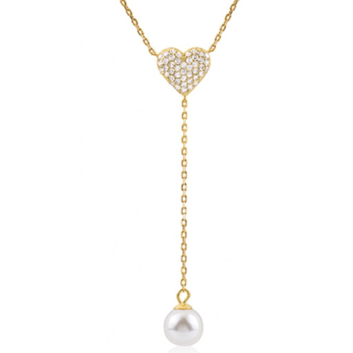 Heart & Pearl Drop Pendant With Swarovski Cubic Zirconia in Yellow Gold Plated Italian Sterling Silver & Extendable Chain