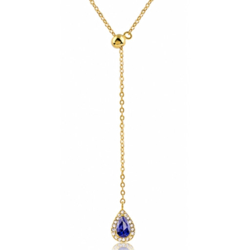 Cartier Style Pear Shape Simulated Blue Sapphire & Swarovski Halo 26" Lariat Necklace in Yellow Gold Plated Sterling Silver