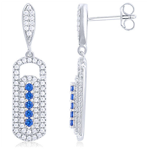 Cartier Style Simulated Blue Sapphire & Swarovski Cubic Zirconia Drop Earrings in Italian Sterling Silver