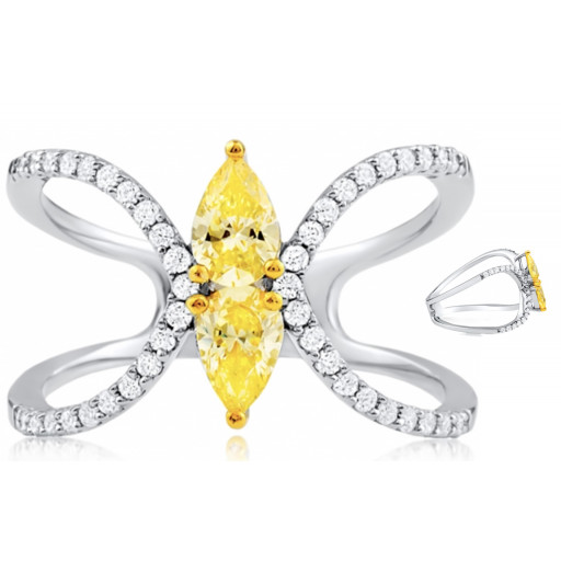 Cartier Style Marquise Shape Yellow & White Swarovski Cubic Zirconia Ring in Italian Sterling Silver