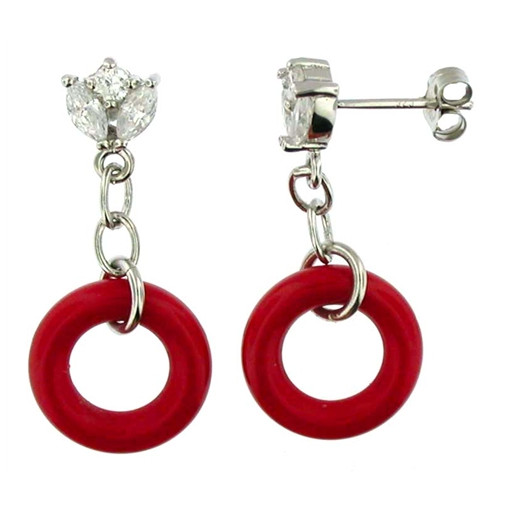 Prada Style Circle of Love Drop Earrings With Simulated Red Coral in Italian Sterling Silver
