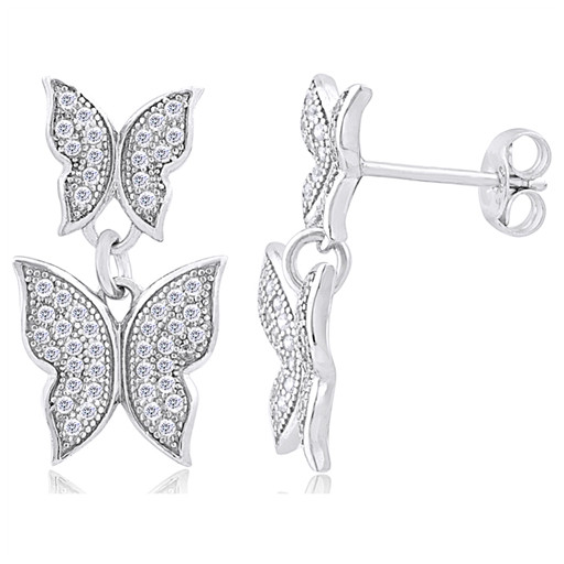 Cartier Style Double Butterfly Drop Earrings With Swarovski Cubic ZIrocnia in Italian Sterling Silver