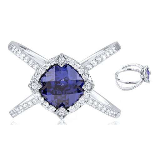 Harry Winston Style Simulated Sapphire Love Ring With Swarovski Cubic Zirconia in Italian Sterling Silver