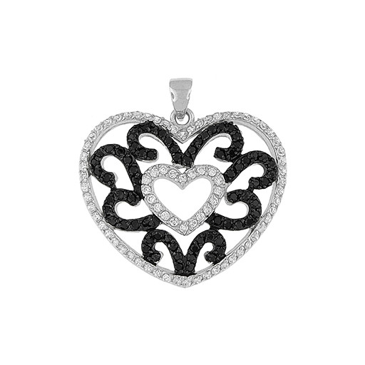 Prada Style Black & White Swarovski Cubic Zirconia Heart Pendant in Italian White Gold