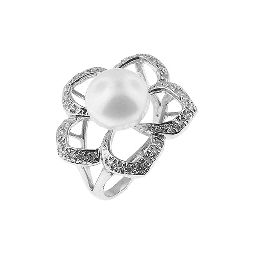 Mikimoto Style Freshwater Cultured Pearl Floral RIng in Italian Sterling Silver
