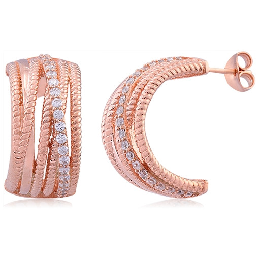 Cartier Style Hoop Earrings With Swarovski Cubic Zirconia in Rose Gold Plated Sterling Silver