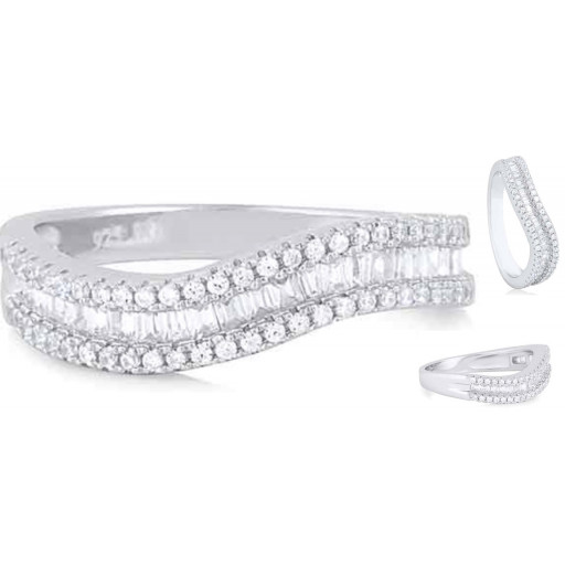 Cartier Style Baguette & Round Brilliant Cut Ring With Swarovski Cubic Zirconia in Italian Sterling Silver