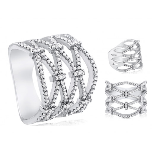 Opera Style Ladies Multi Row Ring With Swarovski Cubic Zirconia in Italian Sterling Silver