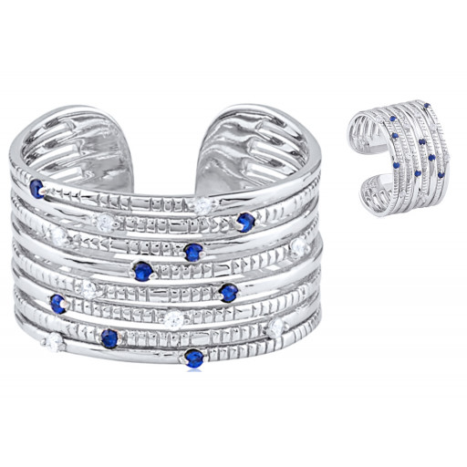 Multi Row Open Back Ring With Blue Sapphire & White Topaz in Italian Sterling Silver
