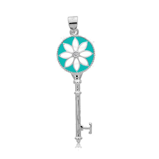 Tiffany Style Turquoise Key To My Heart Floral Pendant in Italian Sterling Silver