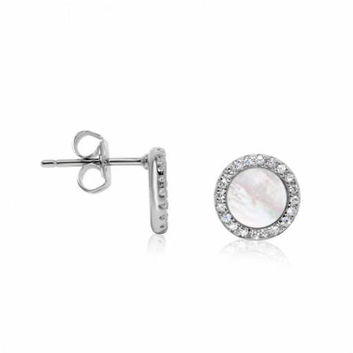 Tiffany Style Mother of Pearl & Swarovski Cubic Zirconia Halo Studs in Italian Sterling Silver
