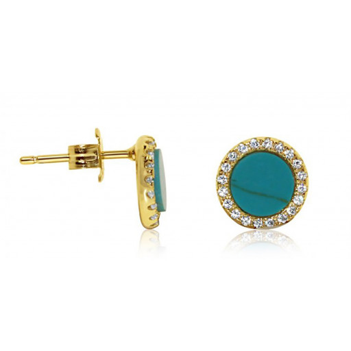 Tiffany Style Turquoise & Swarovski Cubic ZIrconia Halo Studs in Yellow Gold Plated Sterling Silver