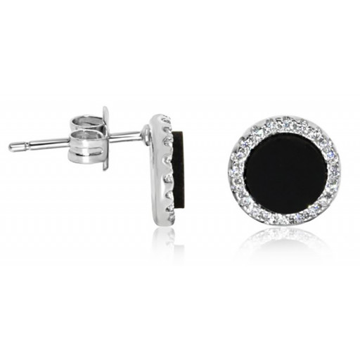 Tiffany Style Onyx & Swarovski Cubic Zirconia Halo Studs in Italian Sterling Silver