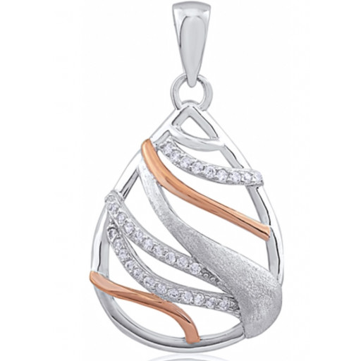 Cartier Style Two Tone Teardrop Pendant With Swarovski Cubic Zirconia in Rose Gold Plated & White Italian Sterling Silver