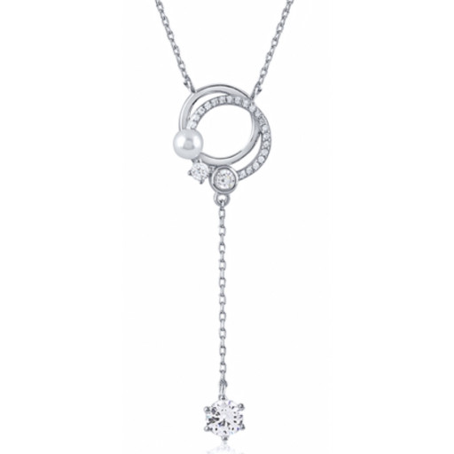 Mikomoto Style Pearl & Swarovski Cubic Zirconia Drop Necklace in Italian Sterling Silver
