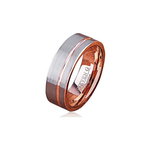 Comfort Fit Gents Tungsten Ring With Sand Blasted Exterior & High Polish Rose Gold Plated Grooves & Interior