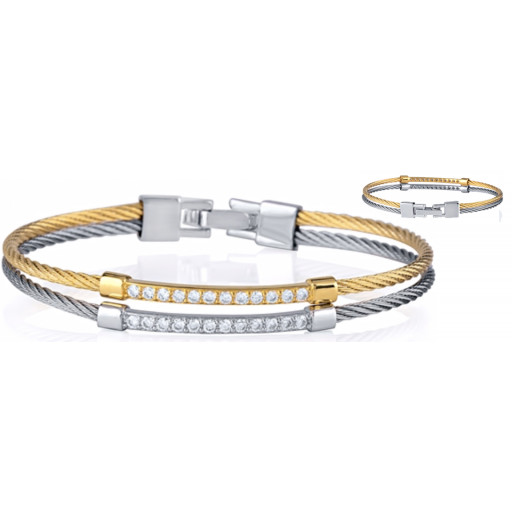 Cartier Inspired Two Row Bangle With Security Clasp in Two Tone Italian Sterling Silver With Swarovski Cubic Zirconia