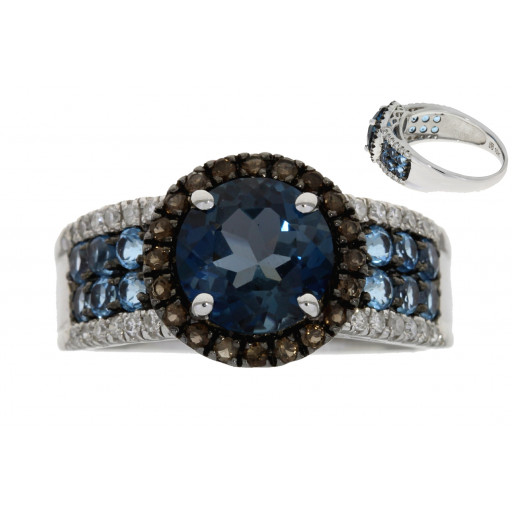 Harry Winston Inspired London Blue Topaz & Champagne Diamond Halo Ring in 10K White Gold 3.50 TW!