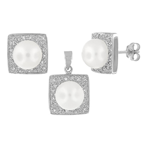 Mikimoto Inspired Freshwater Cultured Pearl Earrings & Pendant Set in Italian Sterling Silver