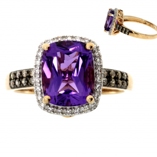 Harry Winston Inspired Amethyst & Champagne Diamond Halo Ring in 10K Rose Gold 3.50 CT!
