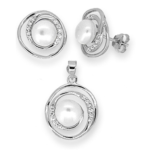Mikimoto Inspired Freshwater Cultured Pearl Earrings & Pendant Halo Set in Italian Sterling Silver