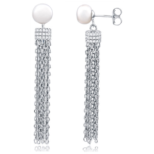 Mikomoto Style Freshwater Cultured Pearl & Tassel Earrings in Italian Sterling Silver