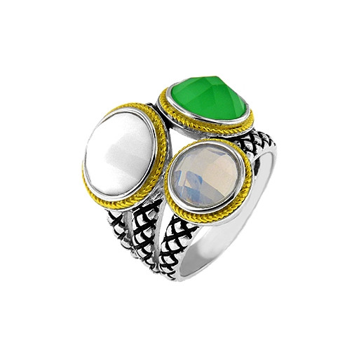 Past, Present & Future Agate & Moonstone Ring With Yellow Gold Accents in Italian Sterling Silver