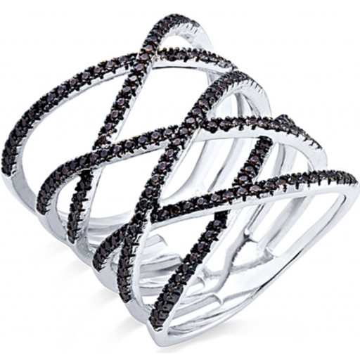 Prada Inspired Multi Row Designer Ring With Black Swarovski Cubic Zirconia in Italian Sterling Silver