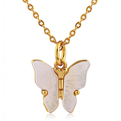 Prada Inspired Mother of Pearl Butterfly Pendant in Yellow Gold Plated Italian Sterling Silver