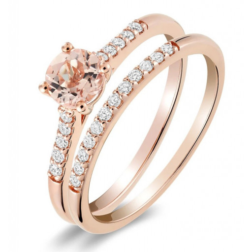 Morganite & Diamond Engagement Style Ring With Matching Band Set in 10K Rose Gold 1.00 TW!
