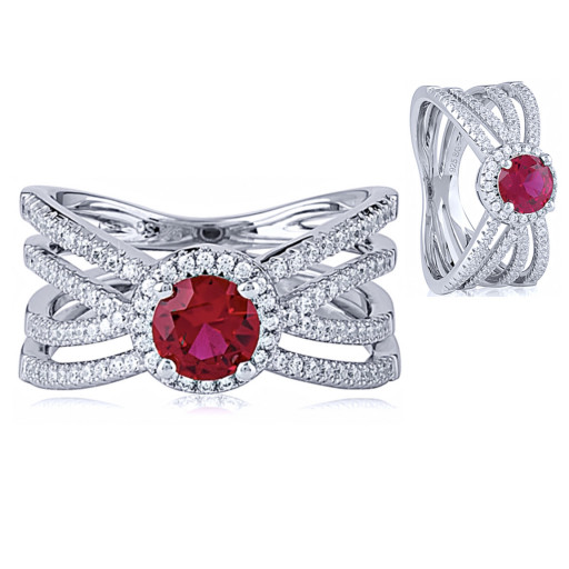 Tiffany Inspired Multi Row Ring With Round Simulated Ruby & Swarovski Cubic Zirconia in Italian Sterling Silver